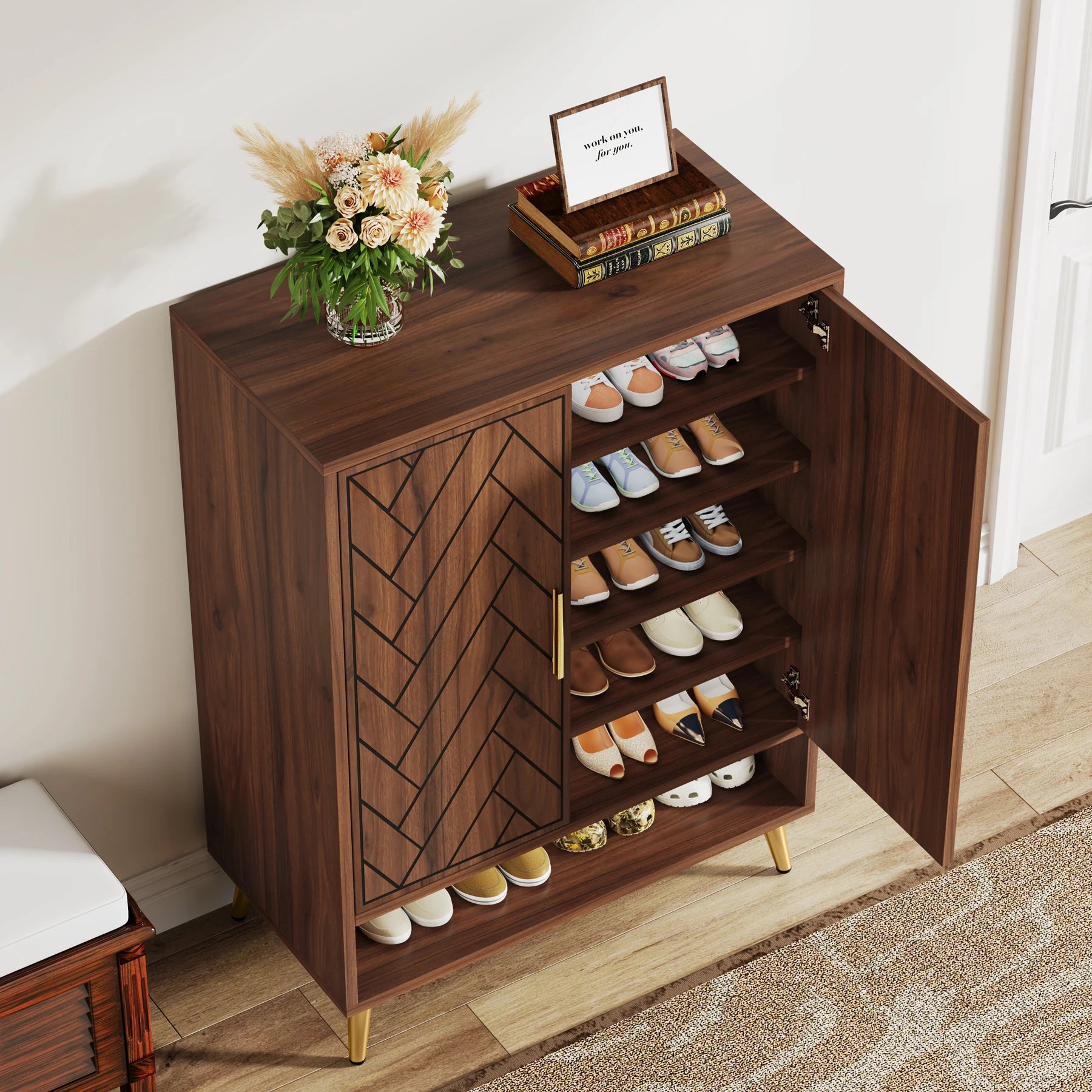 Tribesigns 6-Tier Shoe Cabinet with Doors, Walnut Wooden Shoe Storage Cabinet with Adjustable Shelves for Entryway - Buy online at  Vibe In Cart.