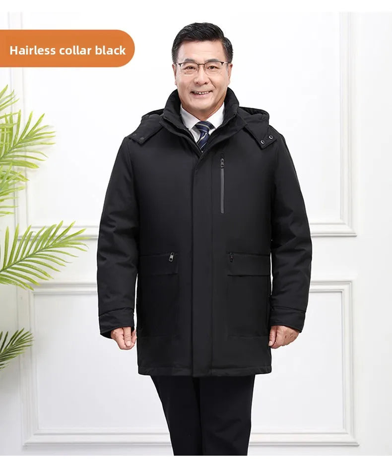 Men's White Goose Down Long Winter Jacket with Detachable Liner
