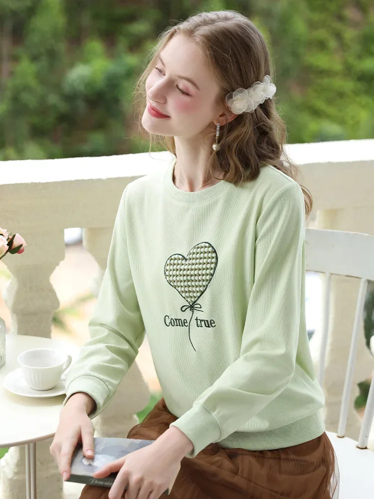 Women's Green Waffle Knitted Loose O-Neck Pullover Hoodie with Embroidery