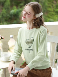 Women's Green Waffle Knitted Loose O-Neck Pullover Hoodie with Embroidery