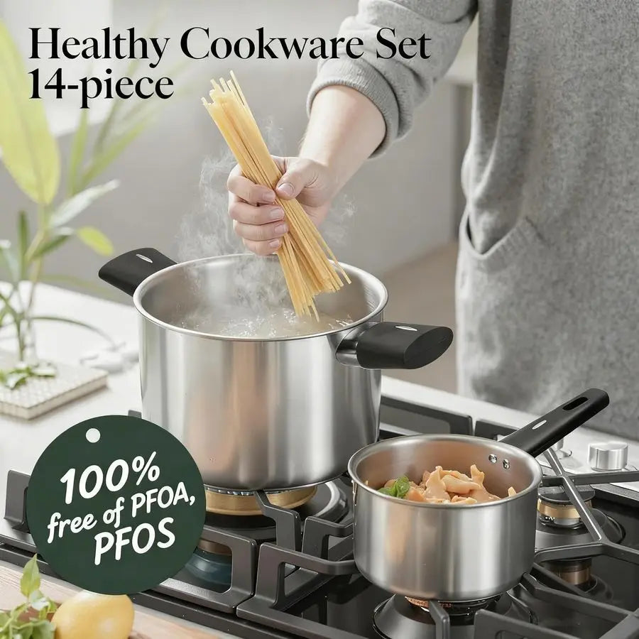 Steel Cookware Set, 14Piece Pots and Pans Set, Kitchen Cookware Set with StayCool Handle, NonToxic, Dishwasher Safe amp Compatib - Buy online at  Vibe In Cart.