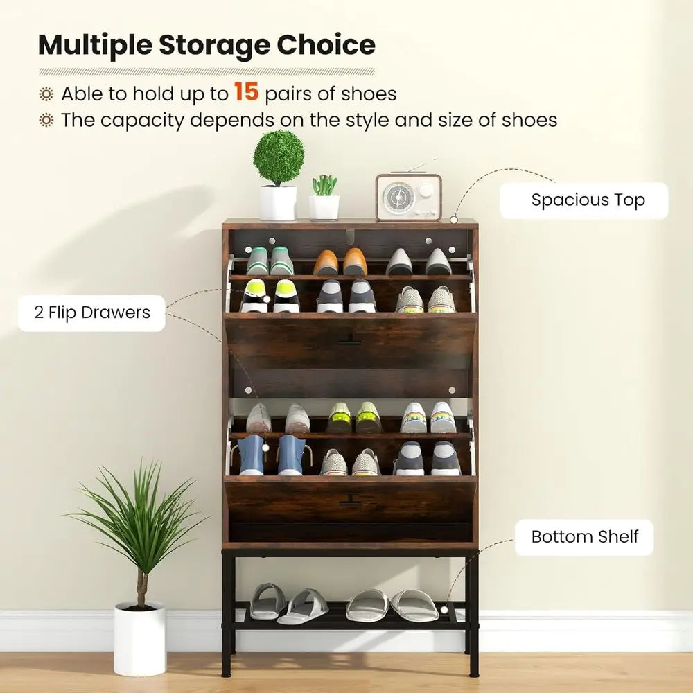 Sturdy Shoe Storage Cabinet, Freestanding Organizer with 2 Drawers, Adjustable Shelves, Slim Shoe Rack for Home Entryways in Rus - Buy online at  Vibe In Cart.