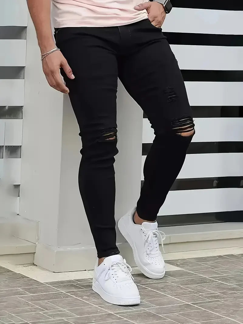 Men's Slim-Fit Ripped Jeans - Stylish Black Distressed Denim with Raw Hem, Comfortable & Versatile for All Seasons, Casual Stree - Buy online at  Vibe In Cart.