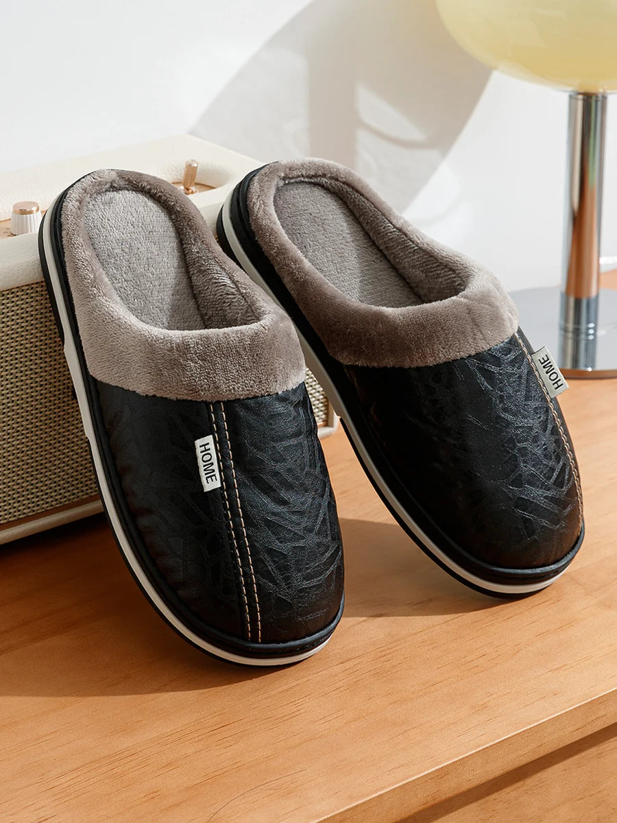 Mens Winter Slippers PU Leather Waterproof Indoor House Shoes Big Size Warm Fur Lined Home Bedroom Slippers - Buy online at  Vibe In Cart.