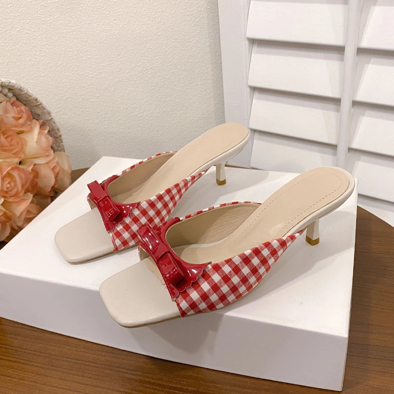 Design Shoes Retro Plaid Bow Sandals Kitten Heels French Style Peep Toe Shoes Mixed Color Sweet and Cute Women's Vocation Shoes - Buy online at  Vibe In Cart.
