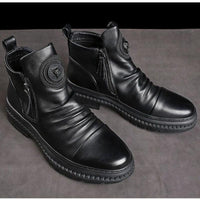 Men's Motorcycle Leather Boots British Style Round Head High Top Shoes Side Zip Walking Casual Platform Boots Bota Masculina - Buy online at  Vibe In Cart.