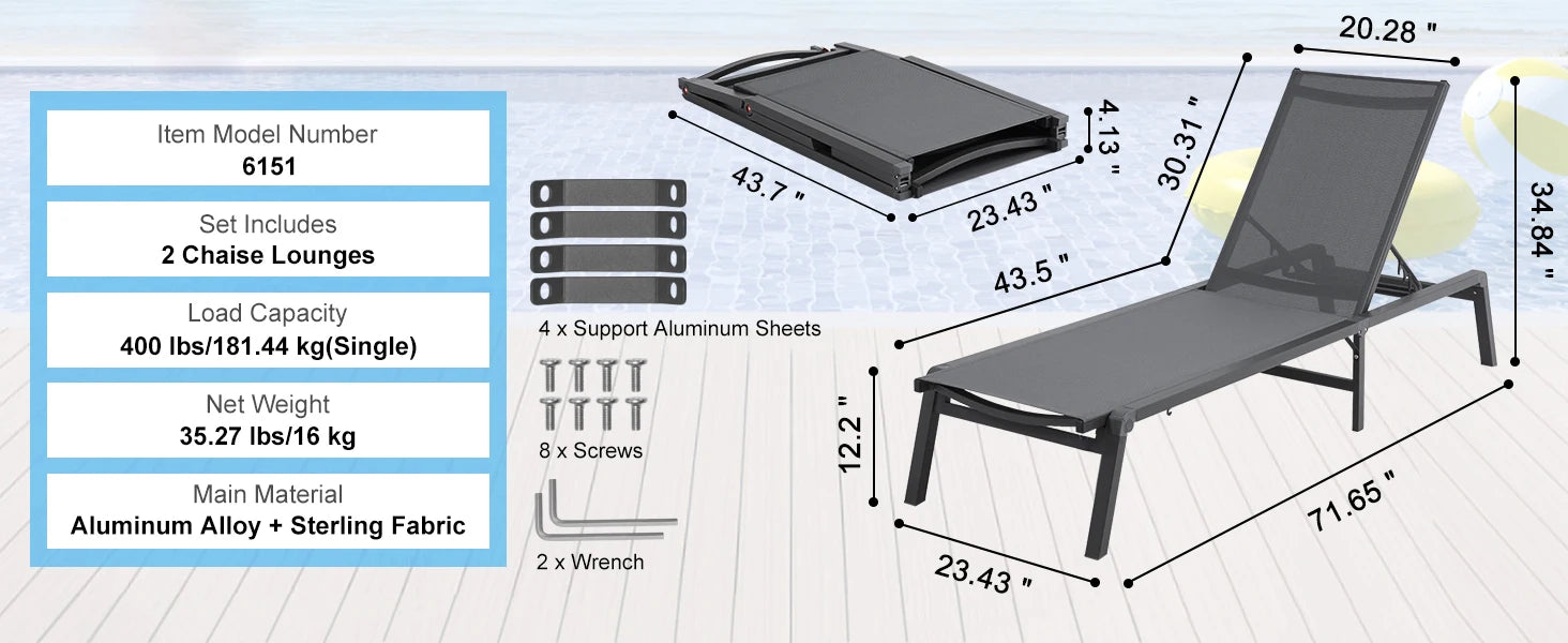 SucceBuy Chaise Lounge Chair Outdoor Aluminum Patio LoungeFolding Pool Lounge Recliner Full Flat for Patio Beach Pool Dark Grey - Buy online at  Vibe In Cart.