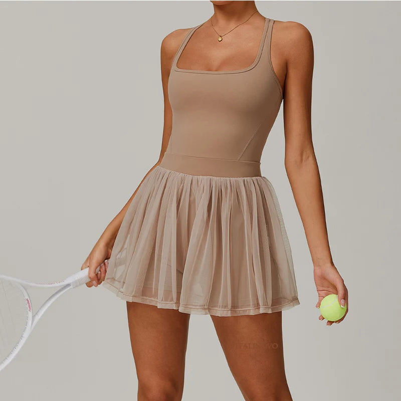 VITALINOVO Womens Tennis Dress with Built in Shorts Golf Dress Square Neck Athletic Outfits Active Dresses Raceback Padded Dress