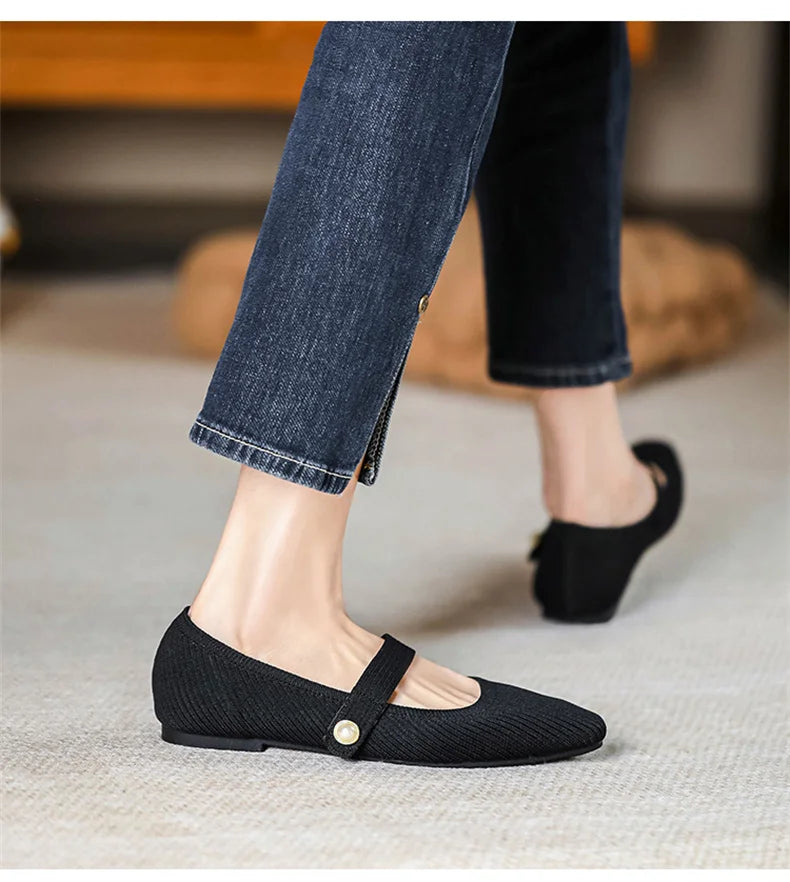 2024 Leisure Weaving Flats Women Ankle Strap Pearl Mary Stretch Fabric Ballerina Knitting Moccasins Mesh Solid Color Shoes - Buy online at  Vibe In Cart.