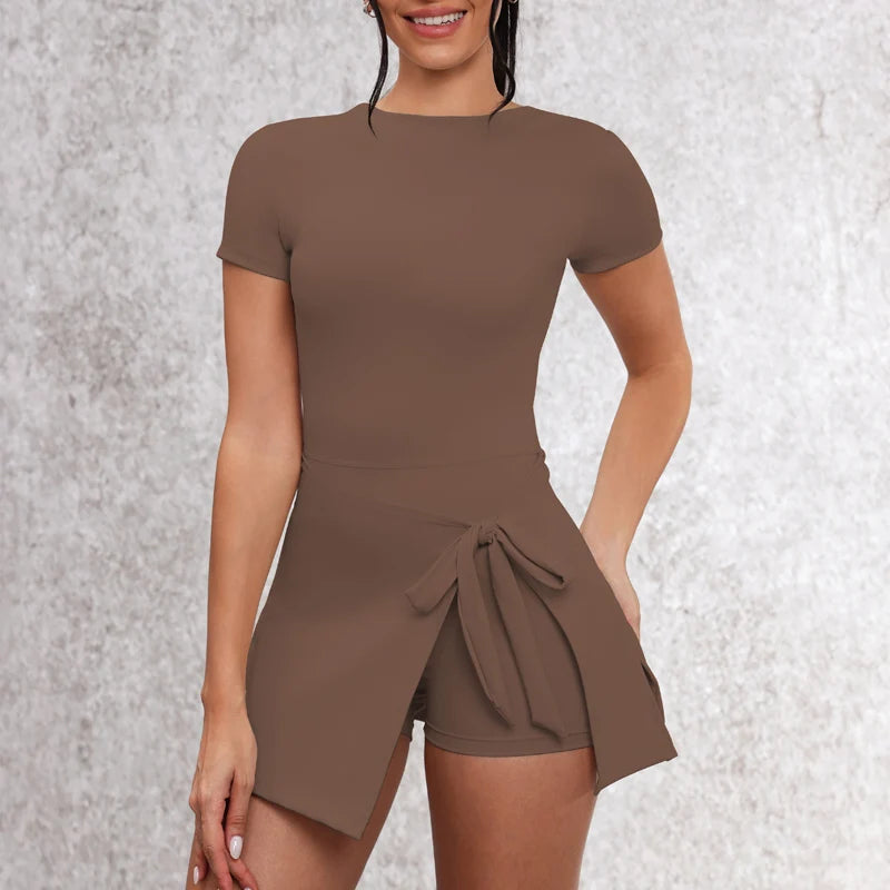 VITALINOVO Tennis Dress for Women Short Sleeve Crewneck Wrap Sarong Skirt Built in Shorts U Back Workout Golf Athletic Dresses