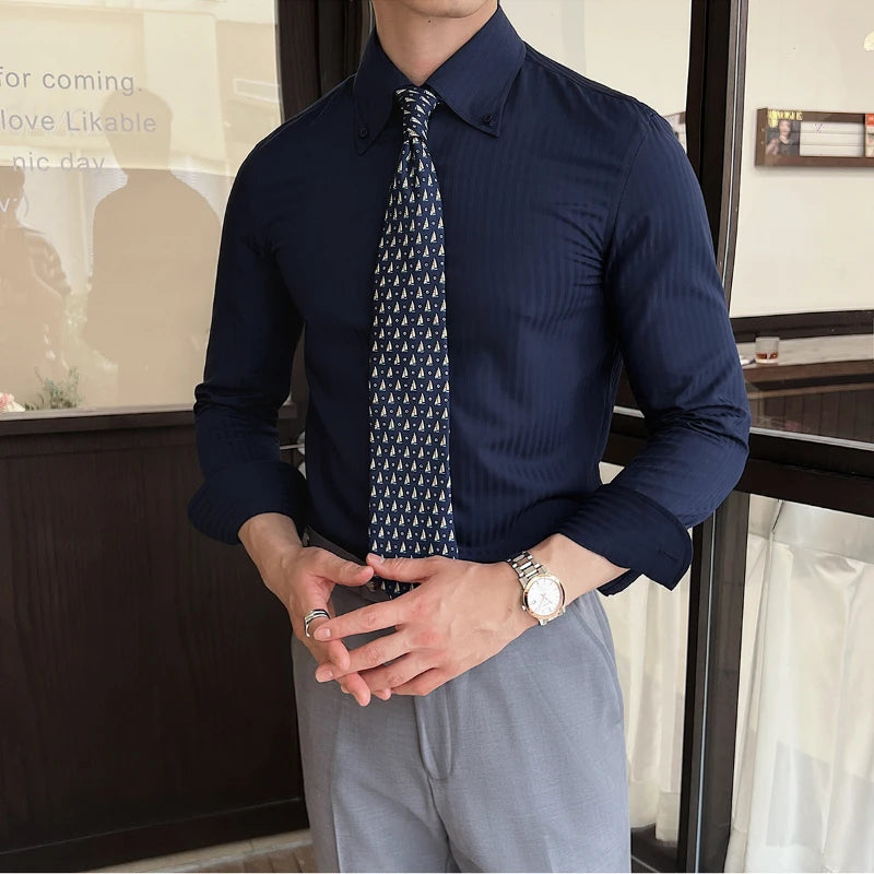 High-quality autumn men's new long-sleeve dark striped slim-fit shirt business casual formal workwear M-4XL - Buy online at  Vibe In Cart.
