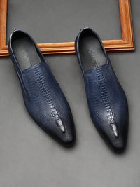 Men's Black And Blue Genuine Leather Oxford Shoes With Crocodile Pattern