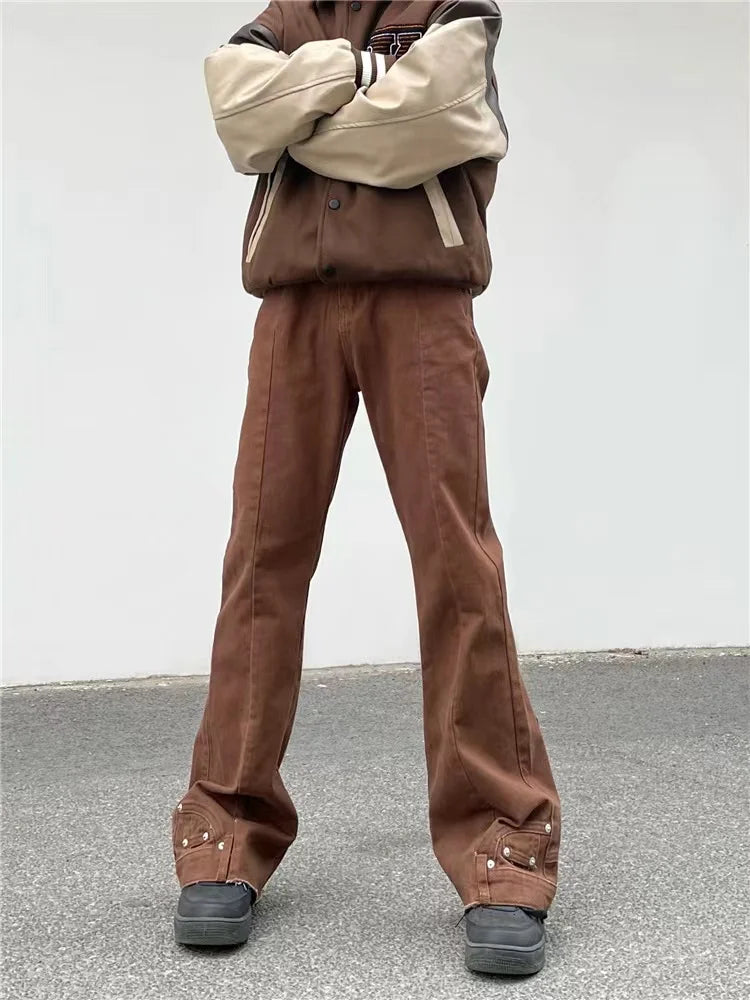 Brown Baggy Flare Jeans for Men Cotton Casual Pants
