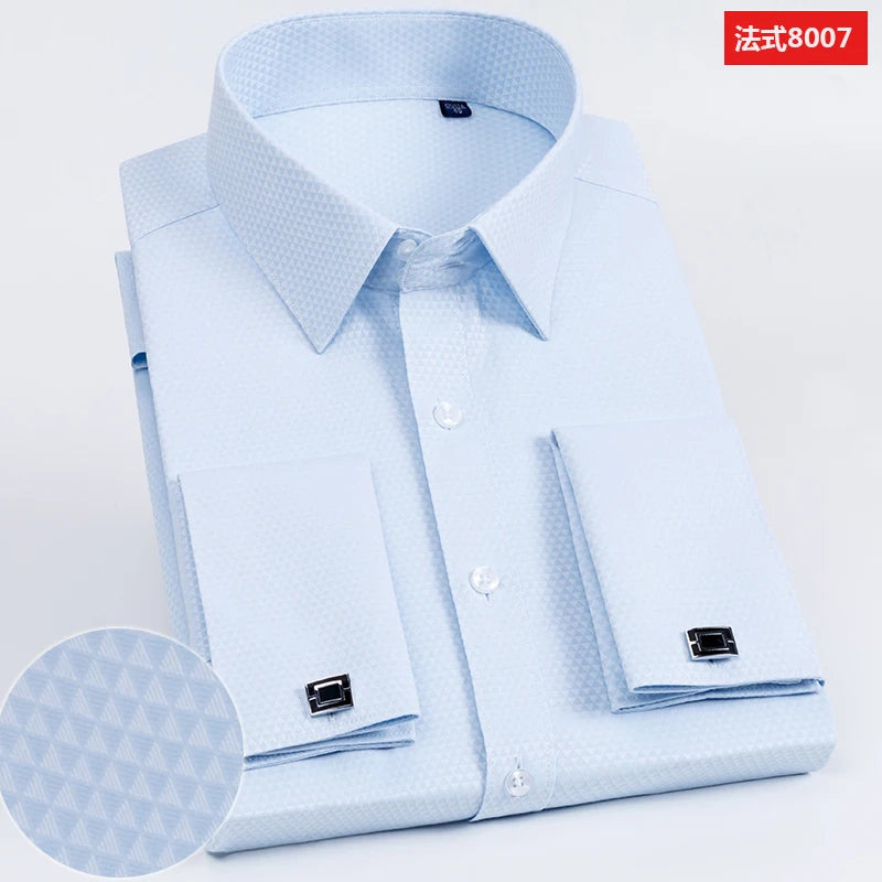 Men's Slim Fit Long Sleeved Solid Color Cotton Polyester Shirt with French Cufflinks