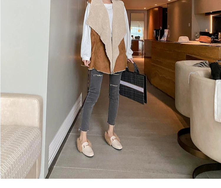 Retro Loafers 2024 Fashion Women's Shoes Autumn and Winter Women Velvet Warm Flat-bottomed Rabbit Fur Leather Shoes - Buy online at  Vibe In Cart.