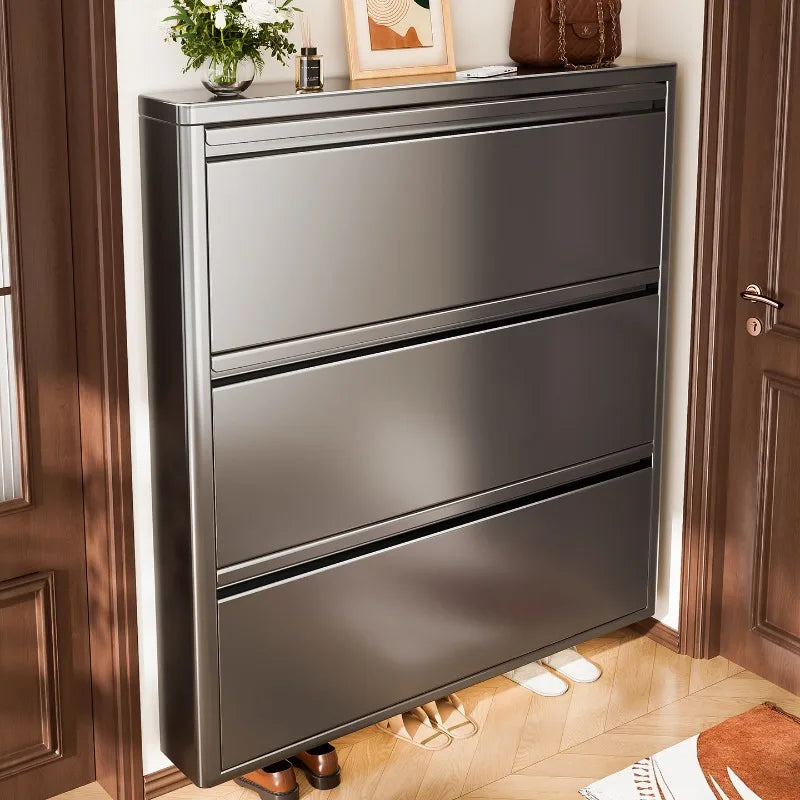 Slim Steel Shoe Cabinet Ultra Thin Shoe Storage Rack Shoe Organizer Entryway Hallway Narrow Space Saving Flip Door Storage Rack - Buy online at  Vibe In Cart.