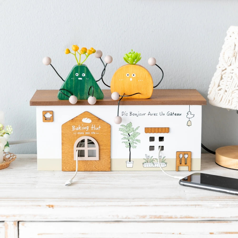 Wooden Rectangle Storage Box for Desktop Cord Organization