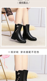 Soft Leather Boots for Women Autumn Winter with Plush Warm Side Zipper Round Toe High Heel Casual Anti-slip Mom Cotton Shoes - Buy online at  Vibe In Cart.