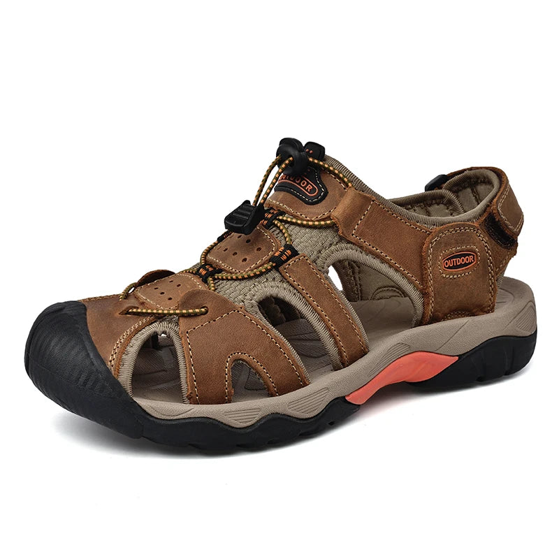 Men's Genuine Leather Outdoor Sandals with Non-Slip Rubber Sole, Sizes 38-48
