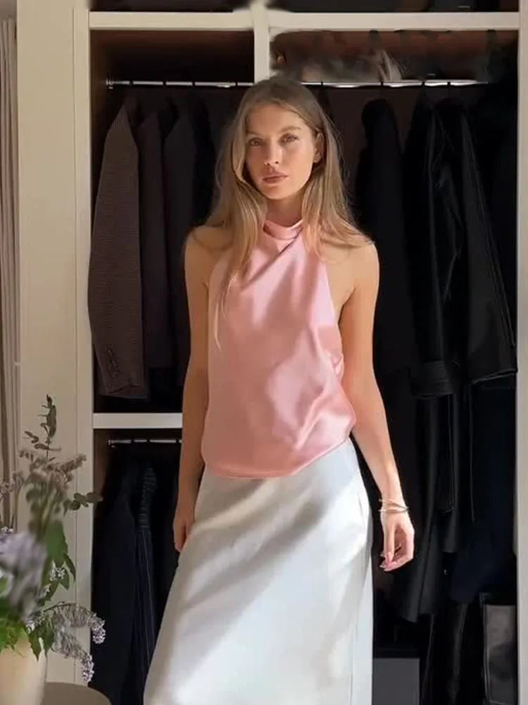 Women's Short Sleeveless Backless Tops with Buttons, Polyester