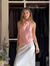 Women's Short Sleeveless Backless Tops with Buttons, Polyester