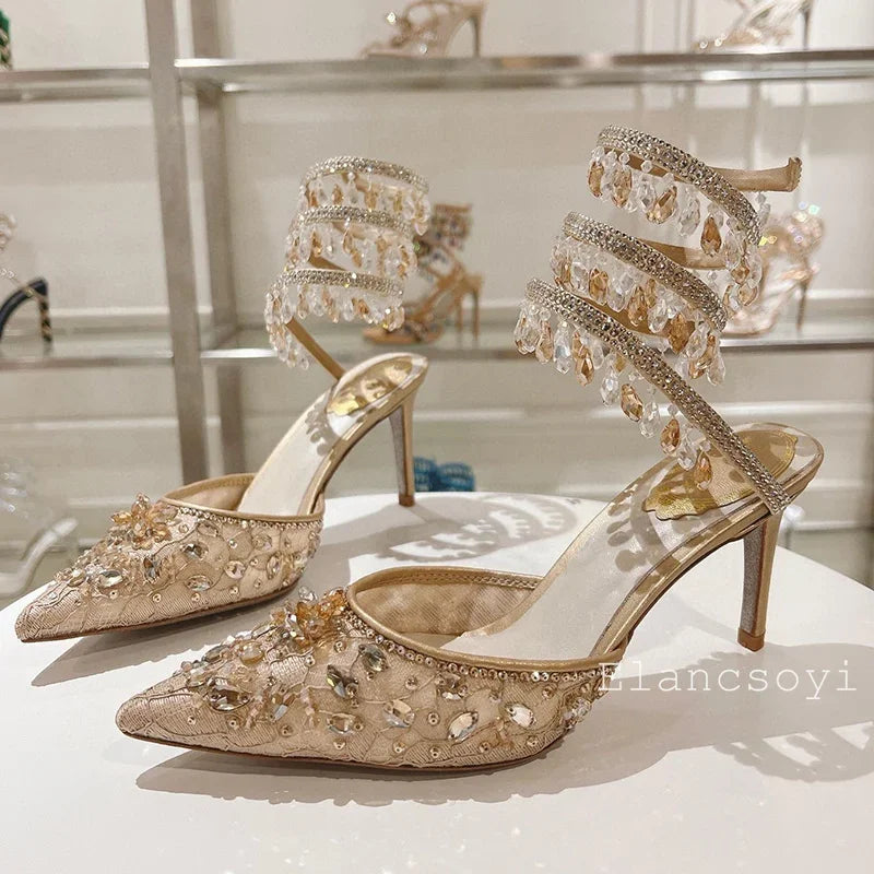 Fashion High Heels Sandals Women Shiny Crystal Tassel Snake Shaped Winding Wedding Shoes Summer Pointed Toe Stiletto Sandalias - Buy online at  Vibe In Cart.