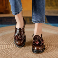 Women's Leather Loafers with Fringe Slip-On Brown Flats