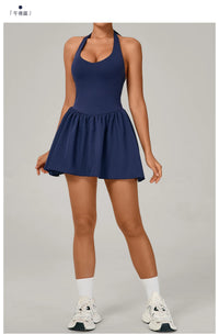 Hanging Neck Tennis Dress Women Solid Color Sleeveless Sports One Piece Pocket Suits Outdoor Running Fitness Yoga Golf Dresses