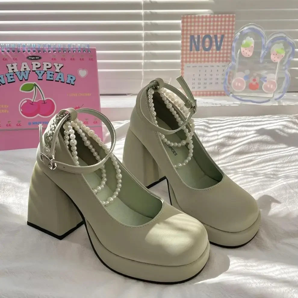 French Style Women's High Heels Spring Versatile Barbie Shoes Waterproof Platform Fairy Style round Toe Mid Heel Single Shoes - Buy online at  Vibe In Cart.