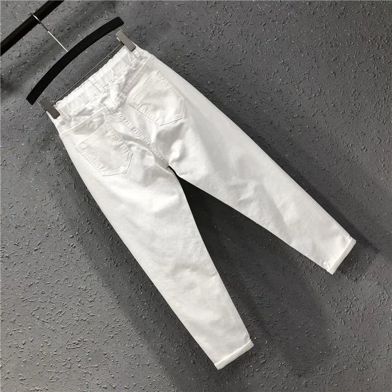 Women's White Straight Cotton Polyester Jeans Full Length