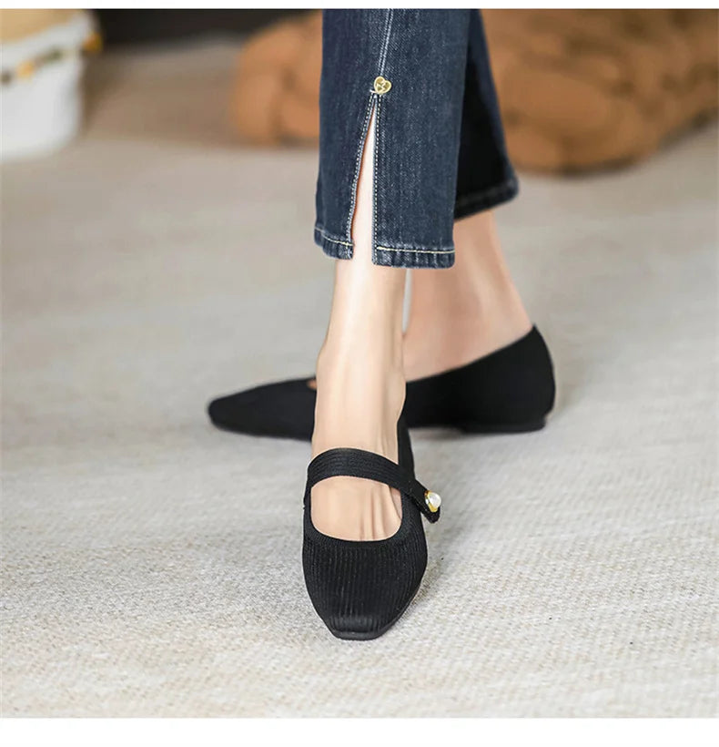 Women's Ankle Strap Weaving Ballerina Flats with Pearl