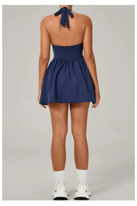 Hanging Neck Tennis Dress Women Solid Color Sleeveless Sports One Piece Pocket Suits Outdoor Running Fitness Yoga Golf Dresses