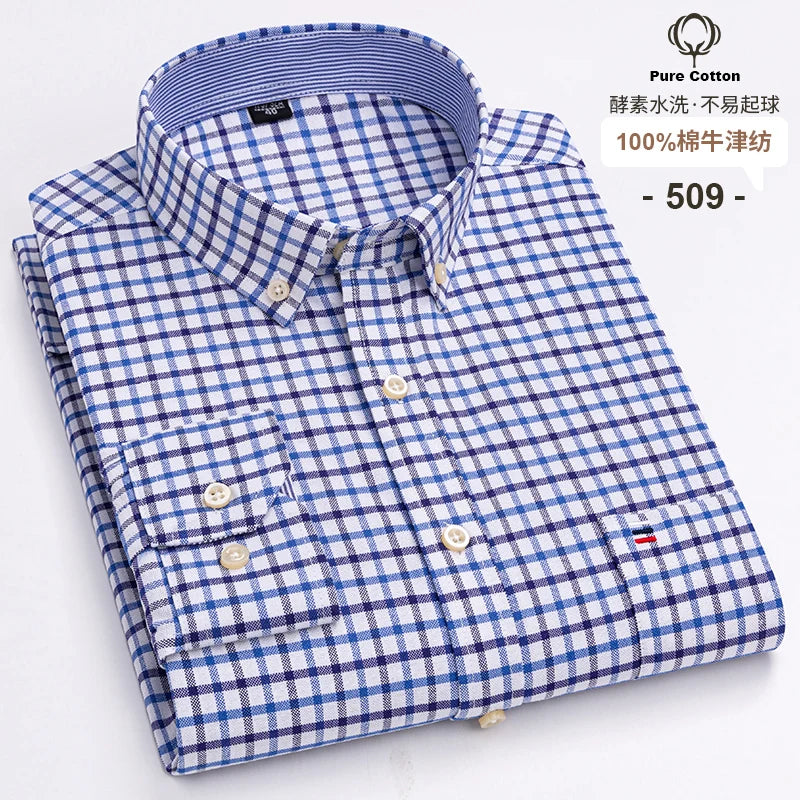 Men's Long Sleeve Plaid Cotton Formal Shirt Regular Fit S-7XL