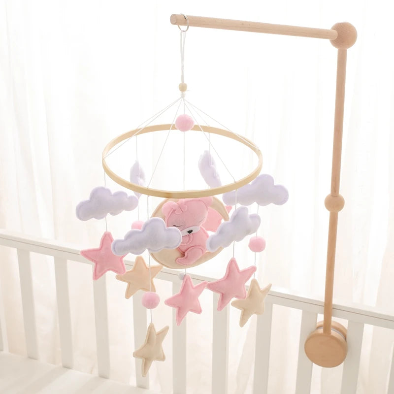 Wooden Crib Mobile Baby Bed Bell Rattle Toy Soft Felt Cartoon Bear Mobile bracket Newborn Music Box Bed Bell Hanging Bracket Toy