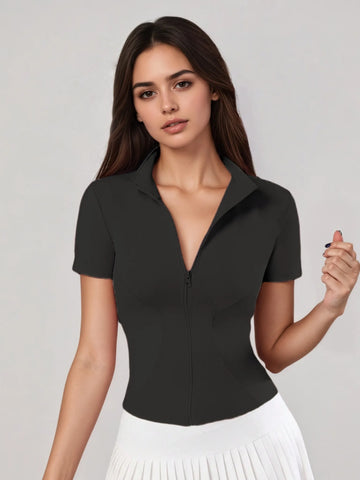 Women's Zip - Up Short - Sleeve Top, Slim - Fit Polo Neck, Elegant for Tennis & Casual Wear - Buy online at  Vibe In Cart.