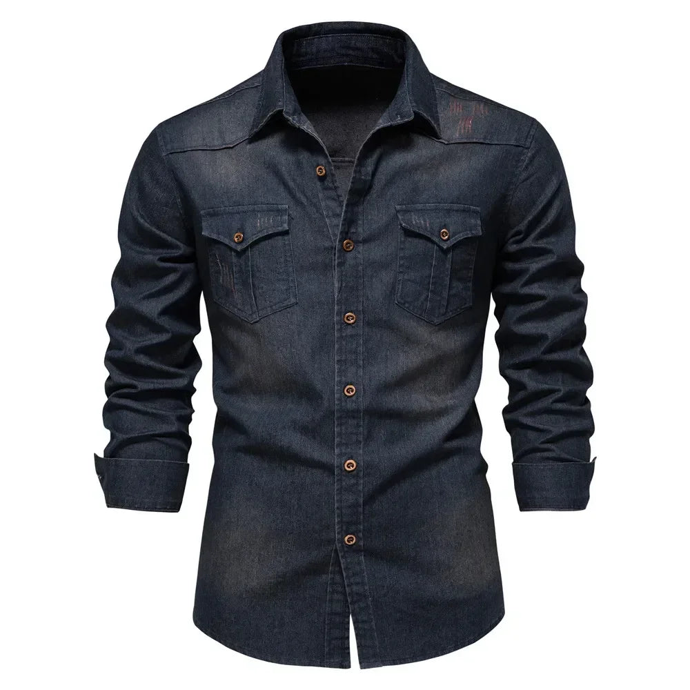 Men's Long Sleeve Cotton Denim Shirt Slim Fit Casual