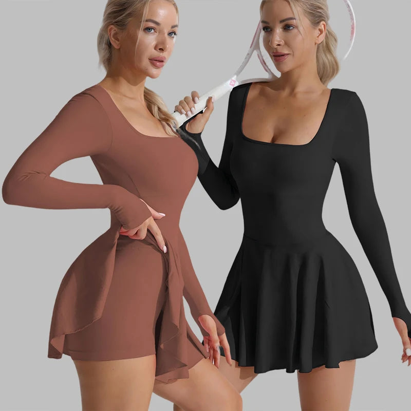 Women Tennis Dress U-Neck Sexy Slim Sports Sets Long Sleeve Golf Skorts Backless Cross Tennis Dress with Short Yoga Suits