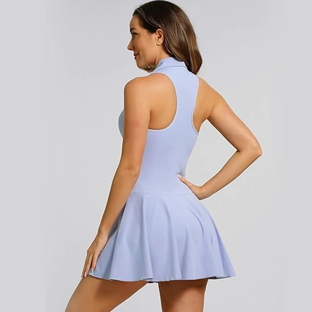Women Tennis Dress Solid Color Lapel Slim Fit Running Skirt Breathable Quick Dry Golf Dress Yoga Wear Workout Clothes