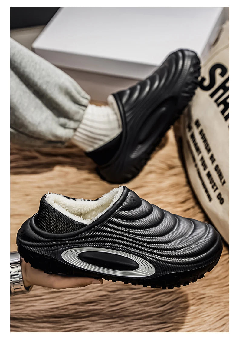 Men's Plush Lined Outdoor Platform Slippers with Low Heel
