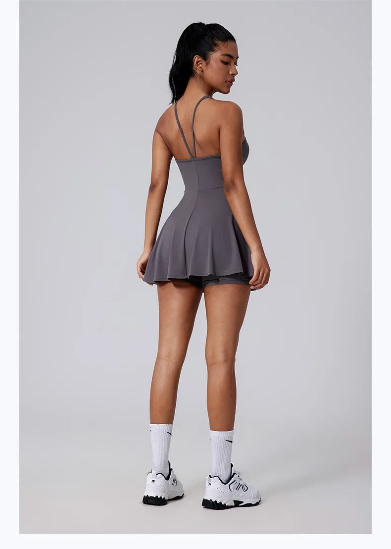 Women Beautiful Back Tennis Dress With Chest Cushion&Shorts Dreathable Outdoor Yoga Golf Skirt Workout Running Badminton Dress