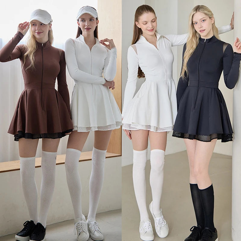 Spring Autumn Tennis Dress with Short Women Lace Ruffle Golf Sports Dresses Long Sleeve Sexy Zipper Skirt Exercise Yoga Clothing