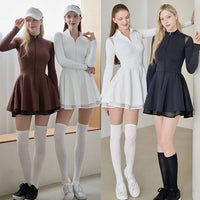 Spring Autumn Tennis Dress with Short Women Lace Ruffle Golf Sports Dresses Long Sleeve Sexy Zipper Skirt Exercise Yoga Clothing