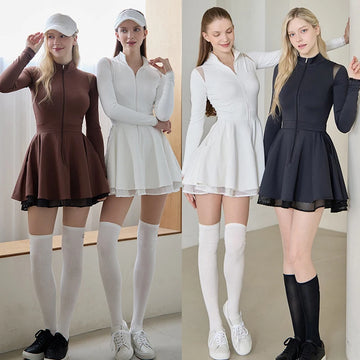 Spring Autumn Tennis Dress with Short Women Lace Ruffle Golf Sports Dresses Long Sleeve Sexy Zipper Skirt Exercise Yoga Clothing