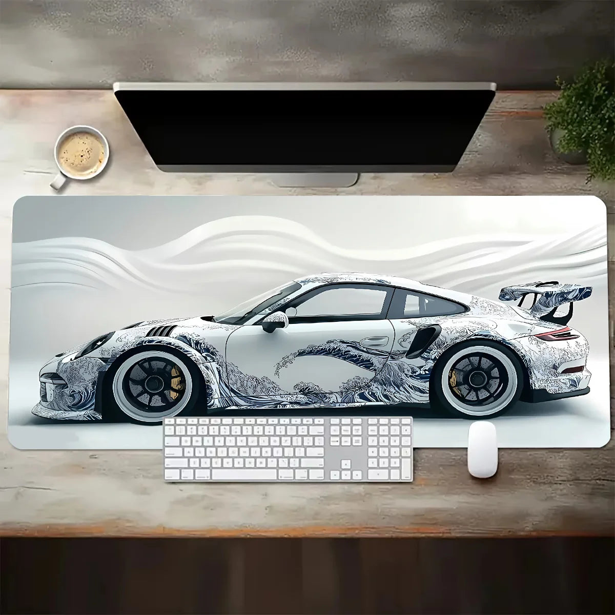 Large White Sports Car Design Gaming Mouse Pad with Anti-Slip Rubber Base