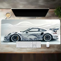 Large White Sports Car Design Gaming Mouse Pad with Anti-Slip Rubber Base