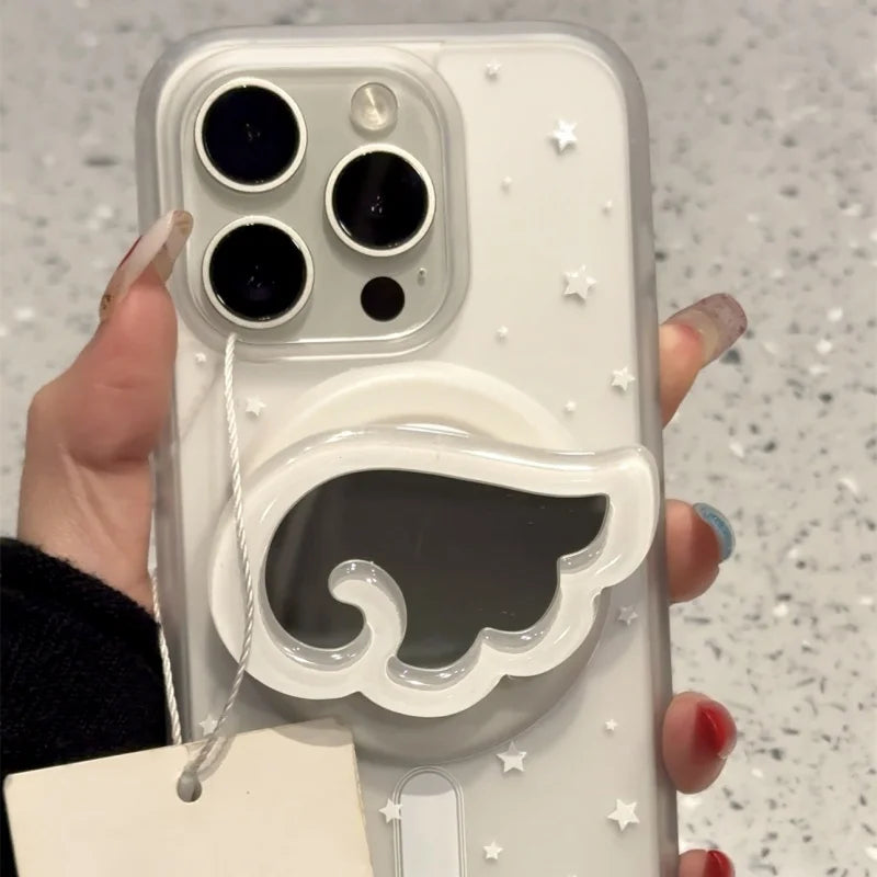 White 3D Universal Phone Stand Holder with Mirror and Ring