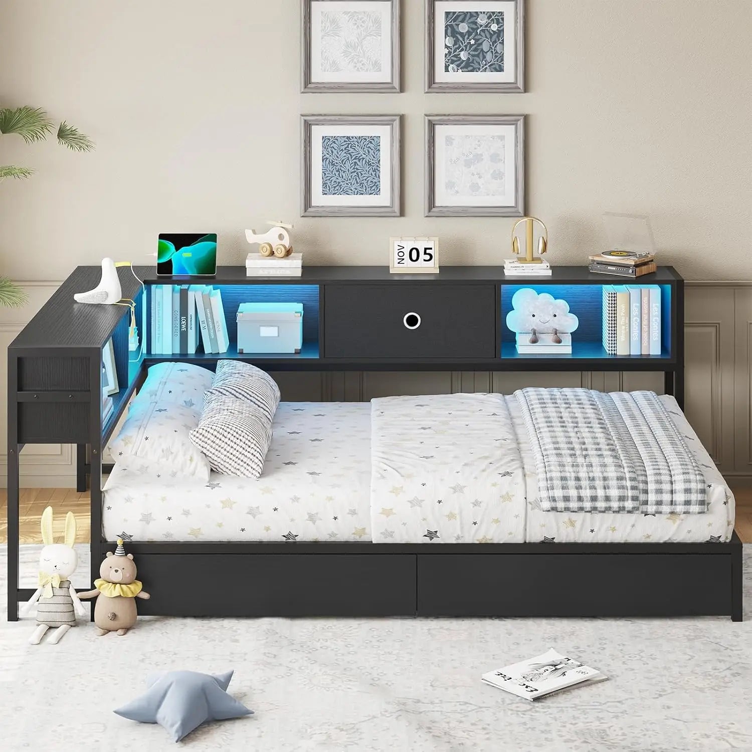DICTAC Twin Corner Bed Frame w/ Bookcase, Storage Drawers & Charging Station - LED Lights Daybed for Living Room/Bedroom/Guest - Buy online at  Vibe In Cart.