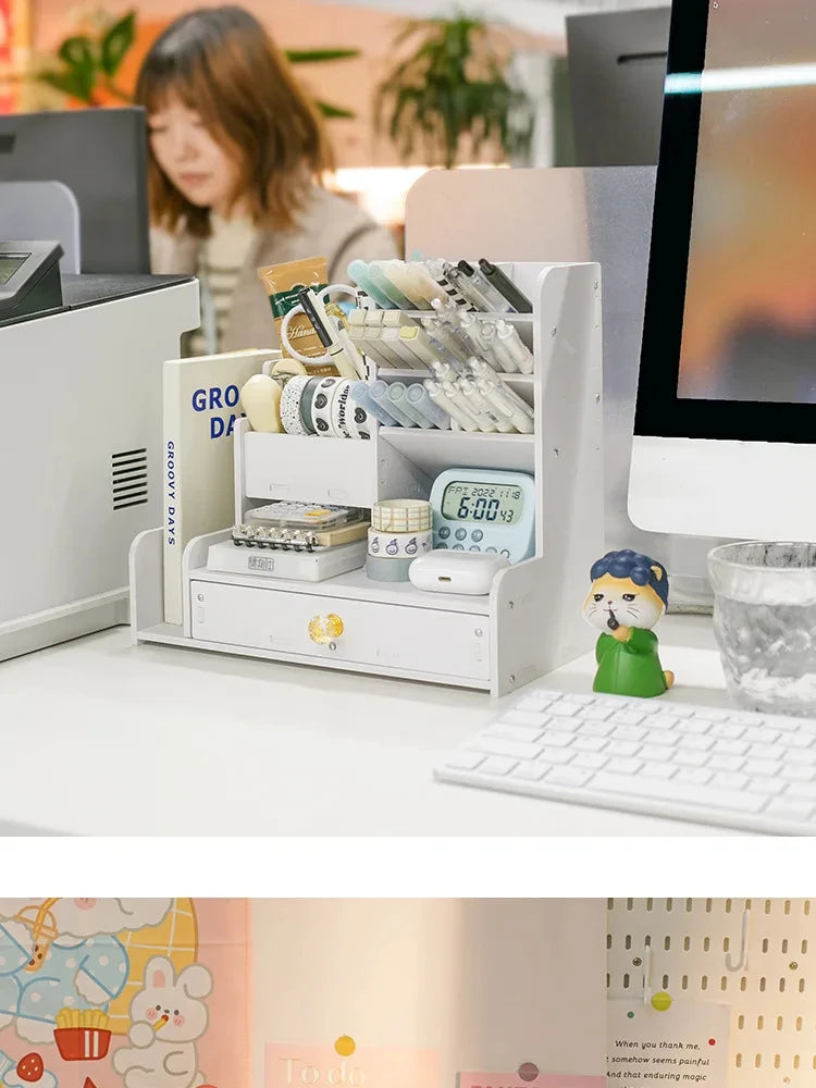 Wooden Pen and Pencil Holder with Organizer Shelves