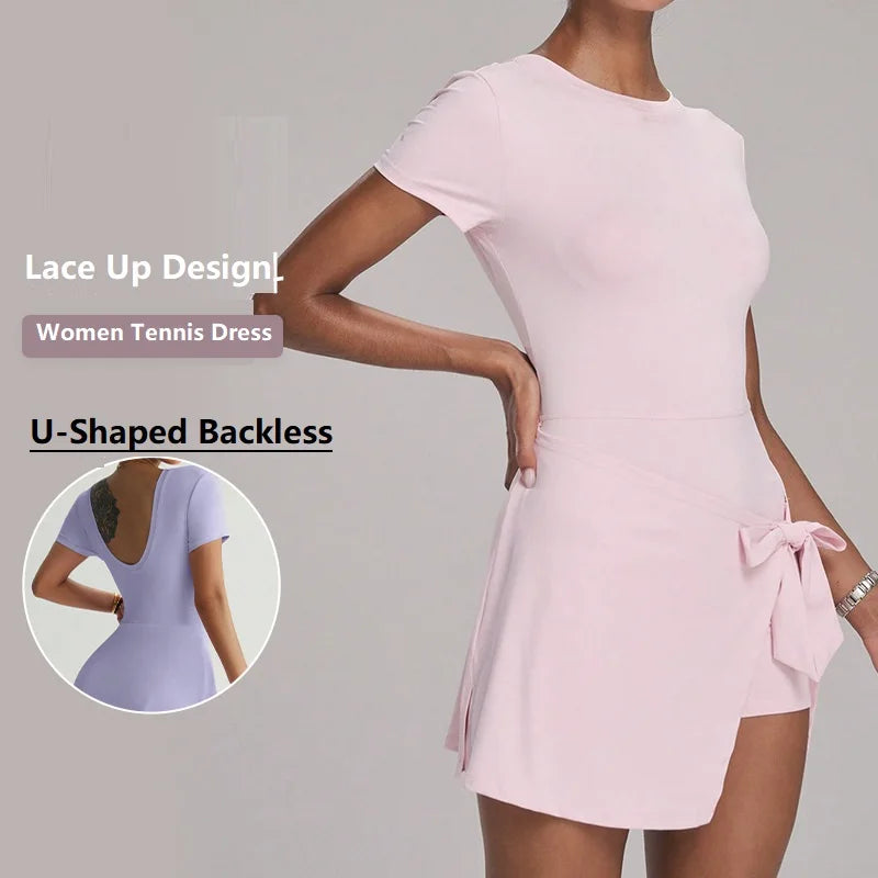 Golf Tennis Dress for Women Short Sleeve Crewneck Wrap Skirt Built in Shorts U Backless Workout Golf Athletic Dresses