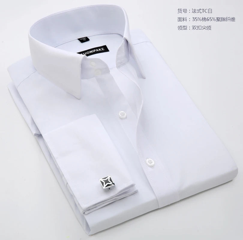 Men's Slim Fit Long Sleeved Solid Color Cotton Polyester Shirt with French Cufflinks